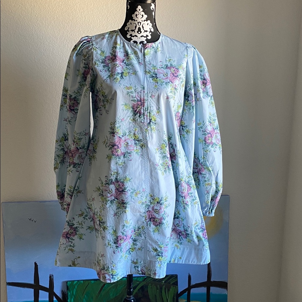 GANNI 100% Organic Cotton Heather Long Sleeve Floral Dress 38 M $358